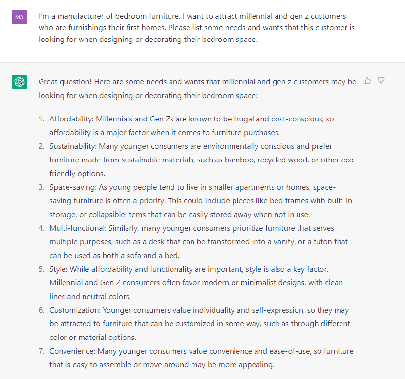 Screenshot of a prompt asking ChatGPT what millennials and gen z are looking for in home furnishing products
