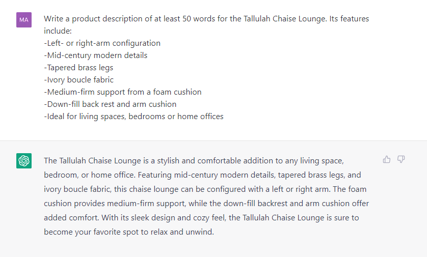 Screenshot of ChatGPT answering a prompt about writing a product description