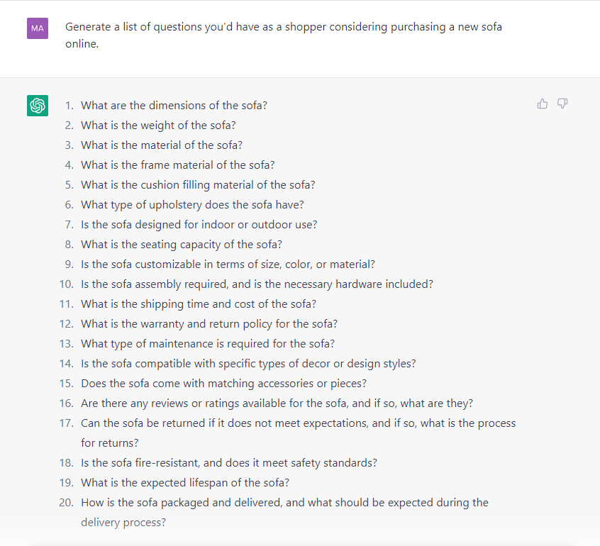 Screenshot of ChatGPT answering a prompt about product information